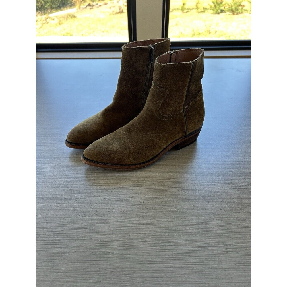 Frye Billy Inside Zip Leather Suede Booties Khaki Green Tan 9.5